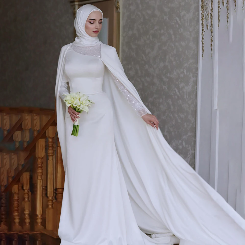 

Muslim Wedding Dresses Cape High Neck Long Sleeve Mermaid Bride Dress White Sequined Bridal Gown Customized vestidos de novia