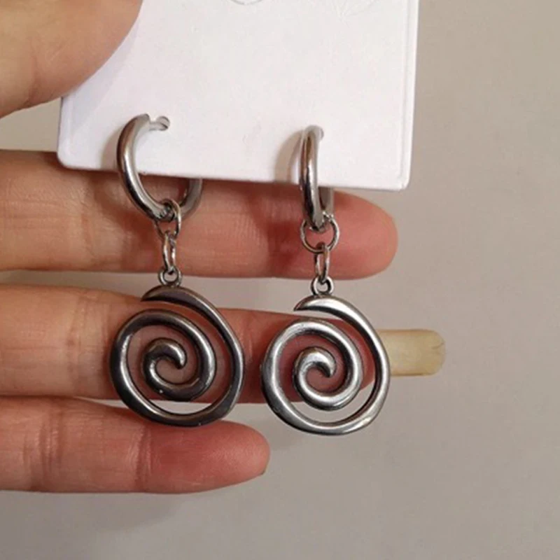 Grunge Jewelry Stainless Steel Swirl Earrings Cool Korean Charms Hoop Earrings for Women Goth Fashion Accessories Cute Punk