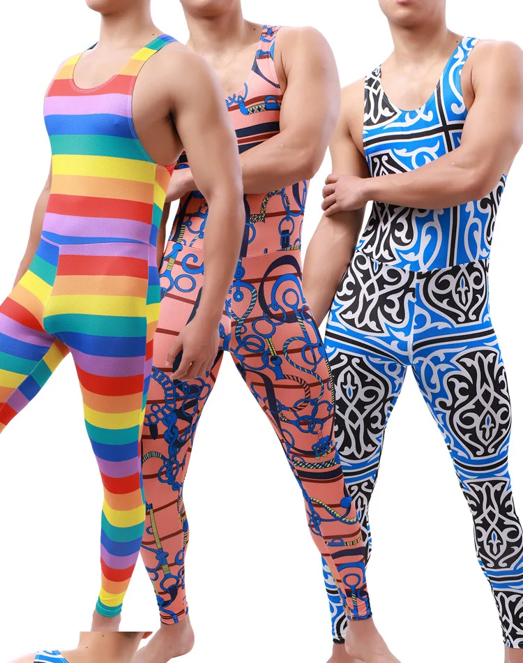 Sexy Print Bodysuit Men Bodywear Sports Gym Undershirts Fitness Bodybuilding Wrestling Singlet Jumpsuits Club Nightwear Lingerie