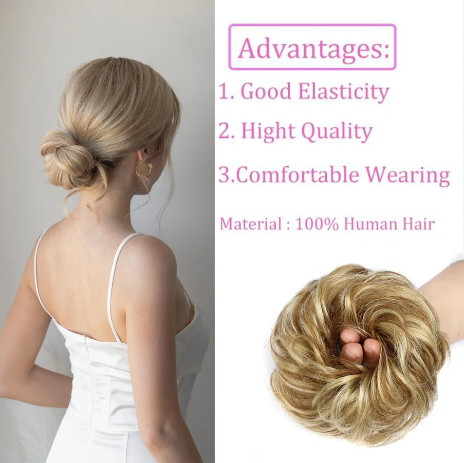 100% Human Hair Bun  Extensions Messy Curly Elastic Hair Scrunchies Hairpieces Natural Wavy Curly Bun Hair Pieces for Women