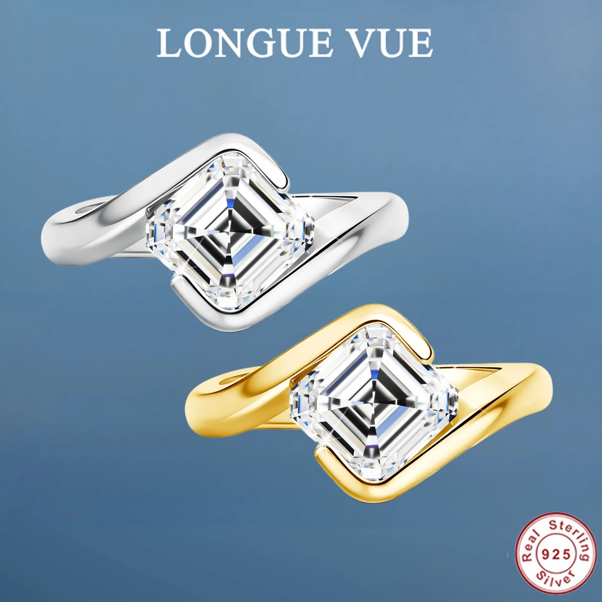 

7*7mm 2CT Square Asscher Cut Moissanite Ring 925 Silver Plated 18K Gold Rings for Women Wedding Band Fine Jewelry