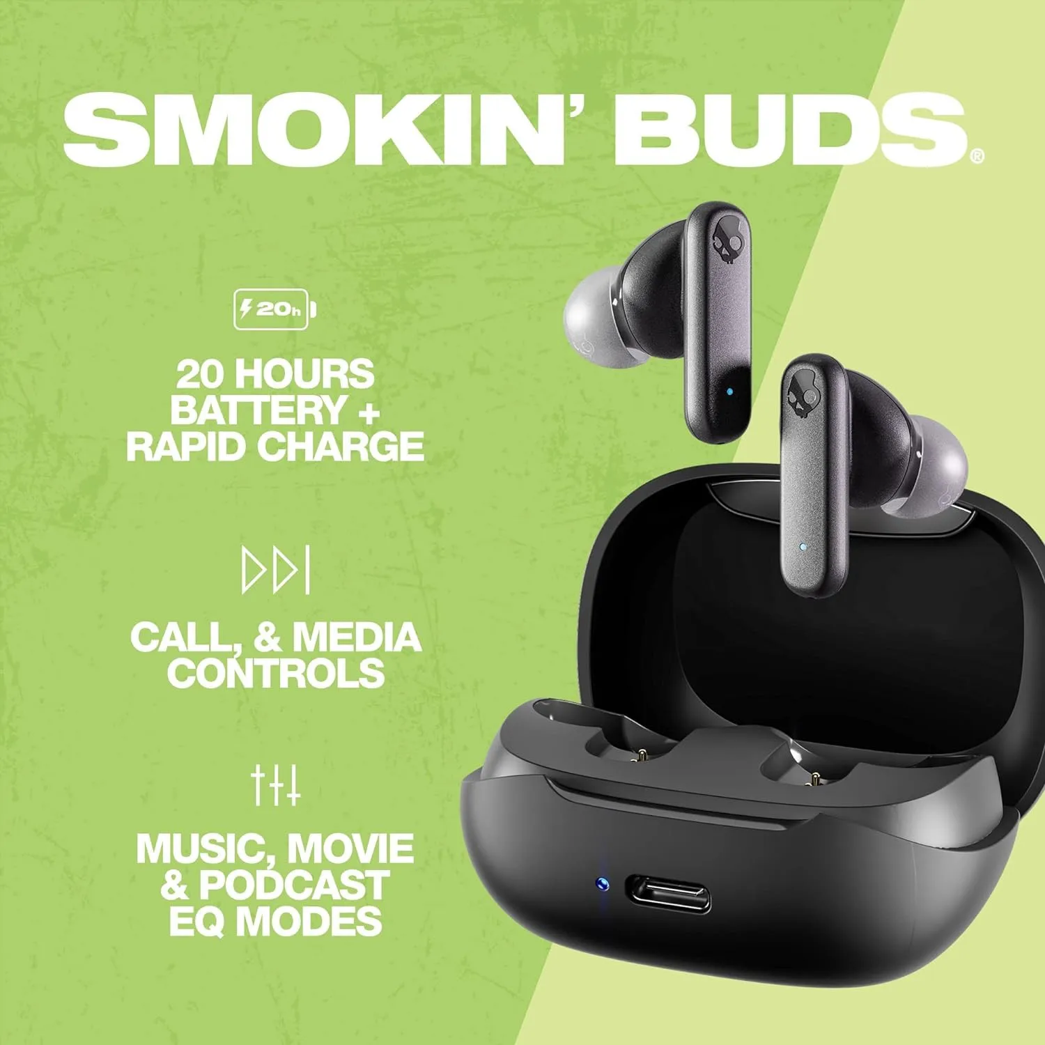 Choice Skullcandy Smokin Buds with Smart Mic Wireless Earphones IPX4 Sweat WaterProof Resistant Headphones 20Hours Battery life