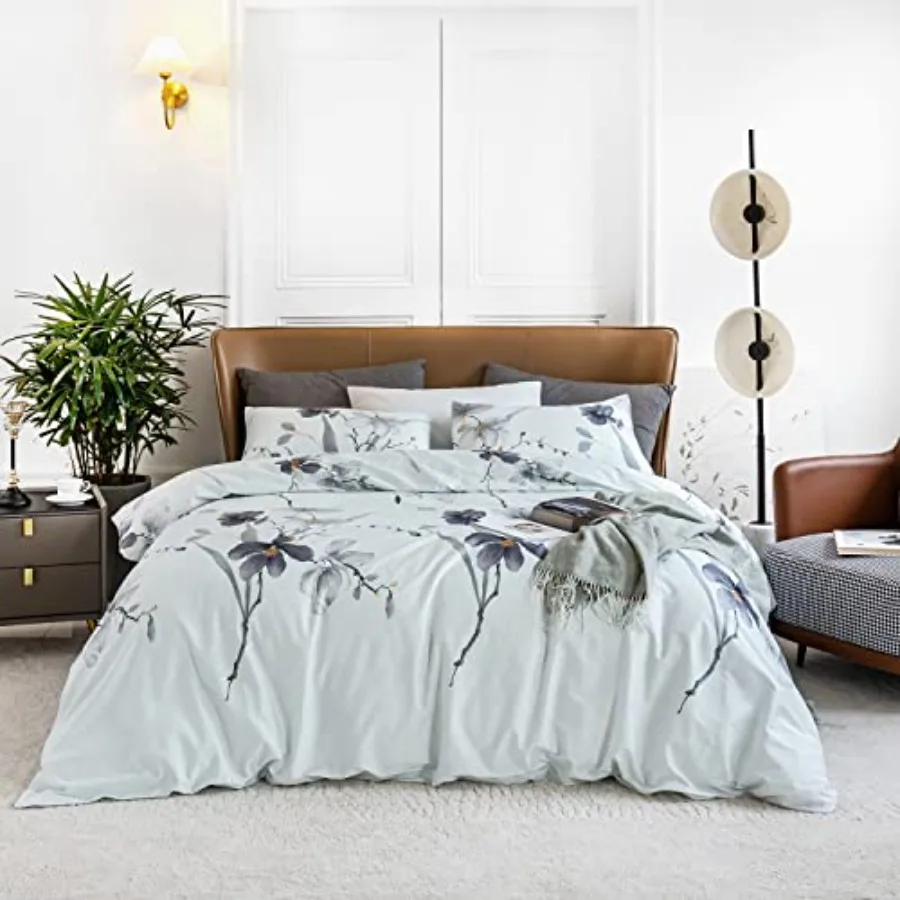 

Grey Botanical Duvet Cover 100% Egyptian Cotton Garden Light Blue Floral Duvet Cover with Zipper Ties 2 Pillowcases Farmhouse A