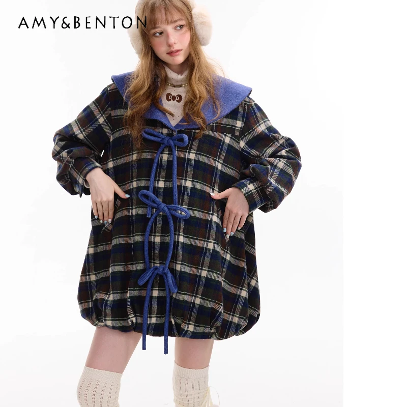 

2025 Autumn Winter New Cute Doll Collar Women's Coat Retro Design Loose Sweet Dark Blue Mid-Length Plaid Woolen Jackets Ladies