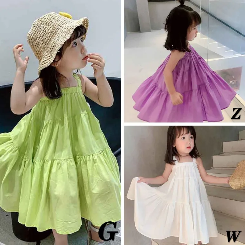 1-7T Summer Girls Dresses Solid Color Sleeveless Cool Beach Dress Cotton Casual Slip Mid Dresses Toddler Kids Suspender Vestidos