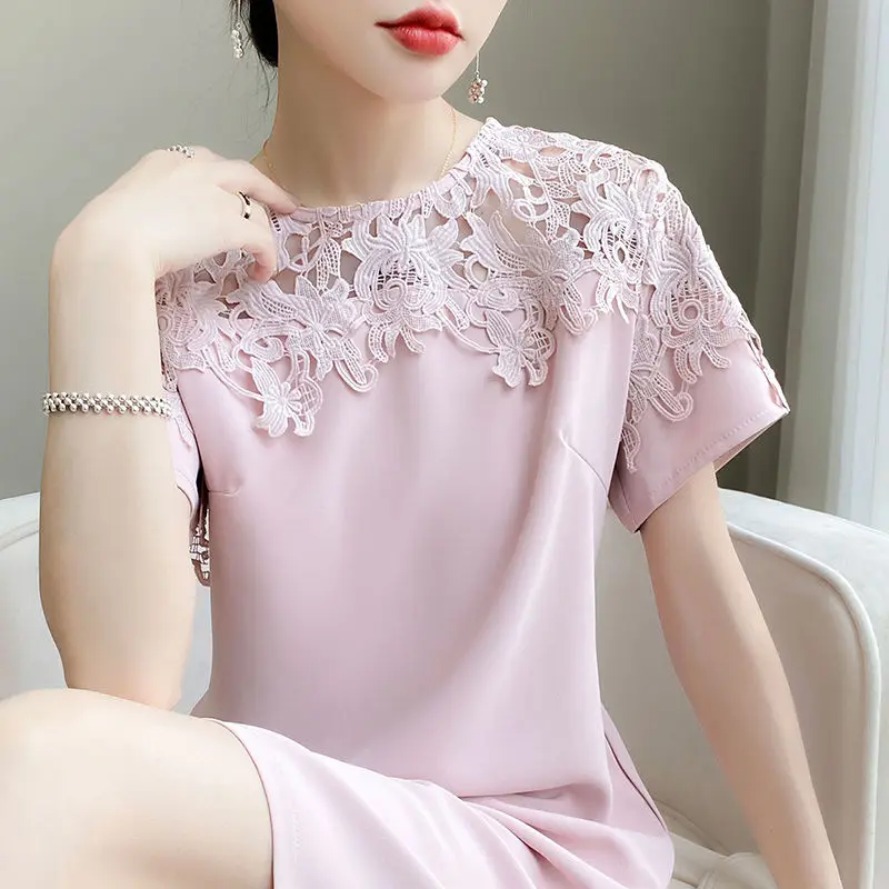 Lace Embroidered Silk Dress Spring Summer New Women\'s Temperament Fashionable Commuting Long Skirt Solid Color Versatile Dresses