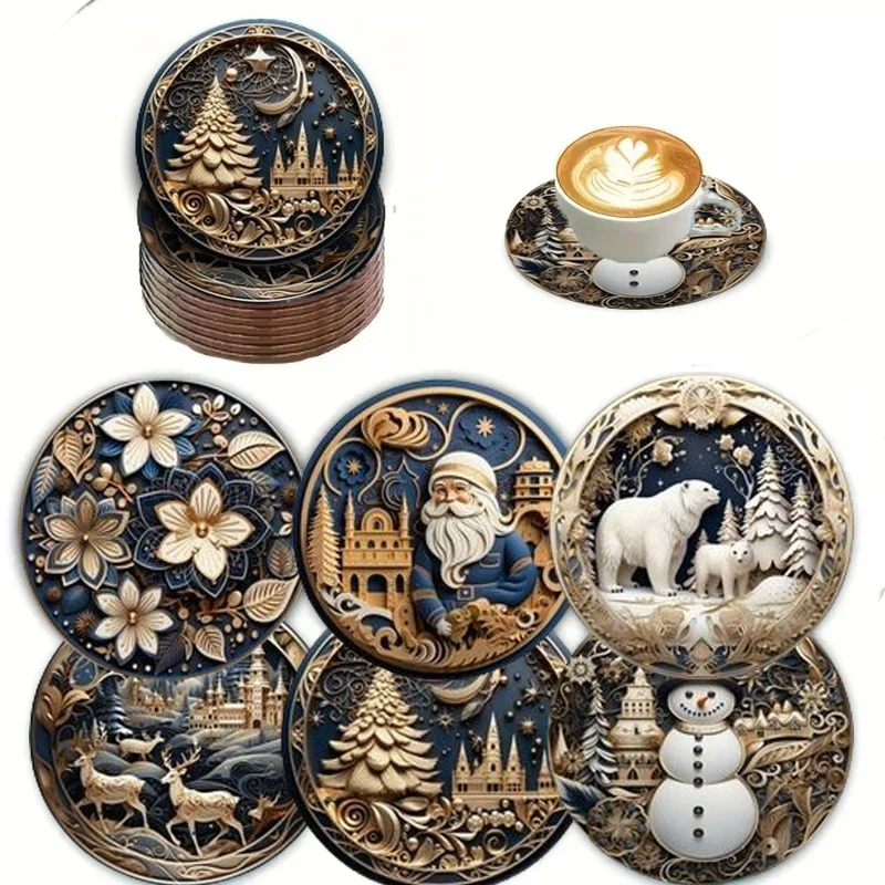 6 Stück/Set rutschfeste Untersetzer aus Holz mit Weihnachtsmotiv, geeignet für Weihnachtsdekorationsuntersetzer