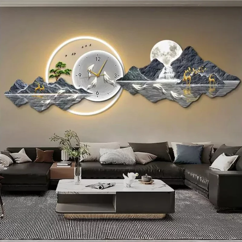 #￥LED Backlit Wall Decor Accent Panel, Horizontal Mountain Pine Deer Wall Hanging Ornament for Living Room Background Wall Decor