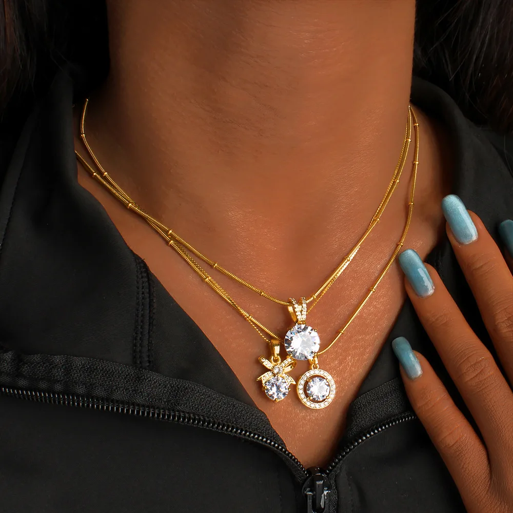 DIY accessories Guangdong decoration fresh and sweet bow inlaid zircon full diamond pendant necklace copper pendant stainless st