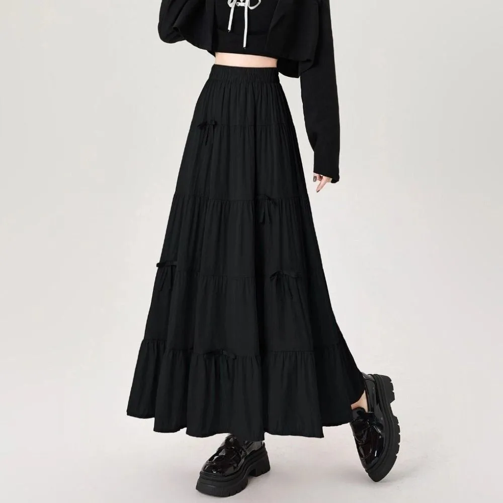 

Vintage Bowknot Tiered Midi Skirt Hight Waist Pleated Long Cake A-line Skirts Chic Korea Style Seven Point Long Dress Beach