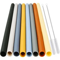 8-Pack Reusable Silicone Straws - Long Flexible Rubber Silicone Drinking Straws for 30 oz Tumblers, Jars, with 2 Cleaning Brush