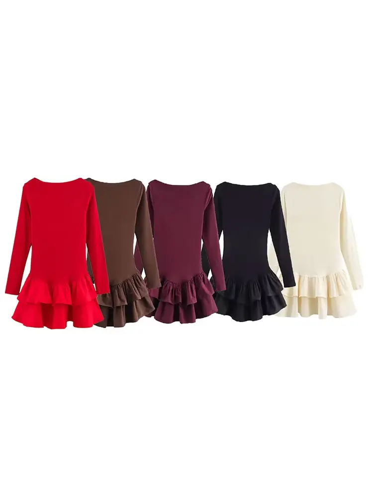 HH 2025 feminino elegante magro mini vestidos mangas compridas sólido barco pescoço com babados camadas primavera moda festa chique vestido