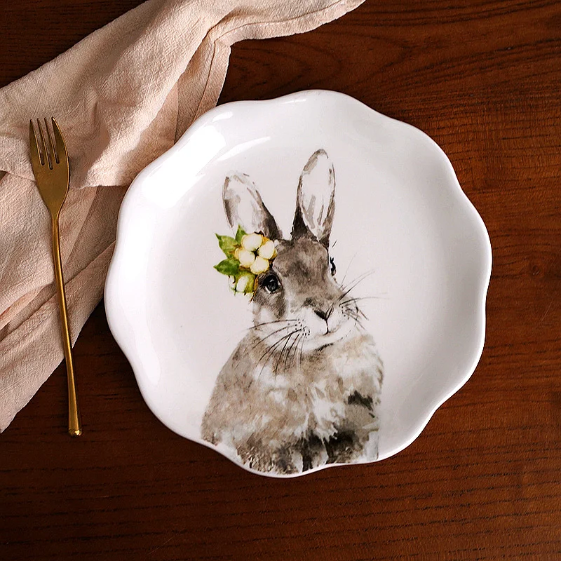 Country pastoral style cute cartoon rabbit 8.5 inch dinner plate, household dish breakfast steak plate