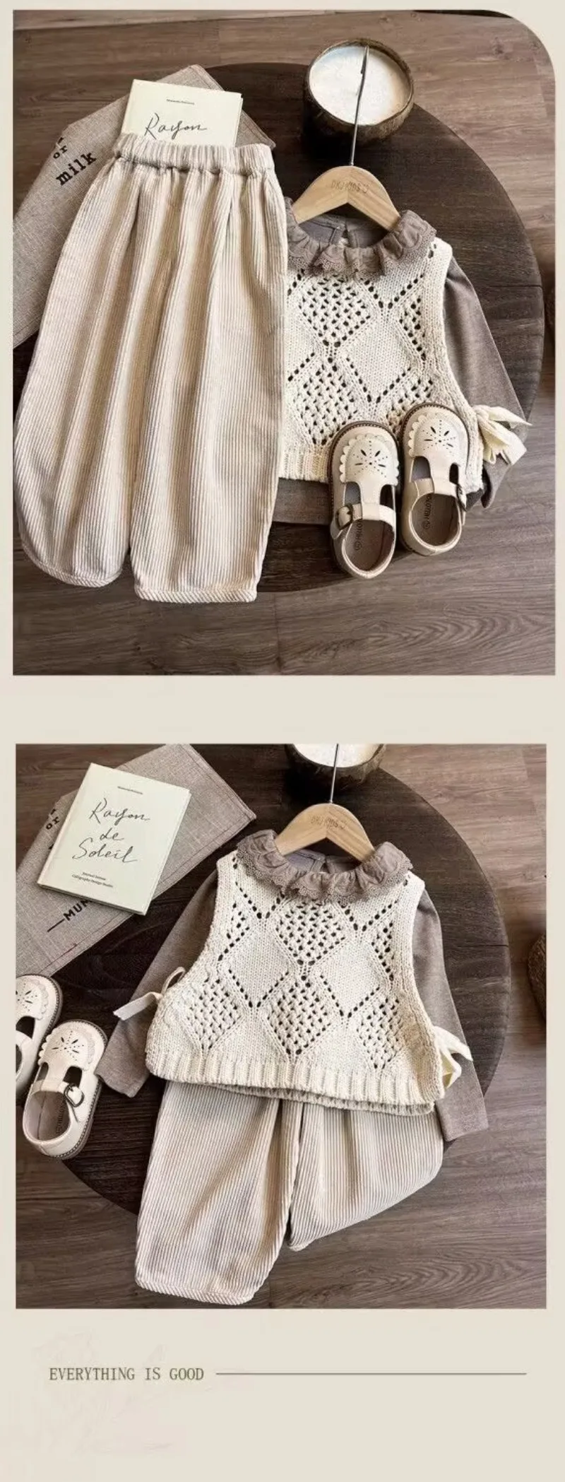 Bellbell Herbst-Strickpullover-Set für Mädchen, 3-teilig, 2-8 Jahre, Unterhemd + Strickweste + Hose, Outfit für Kleinkinder und Babys – Detail 10