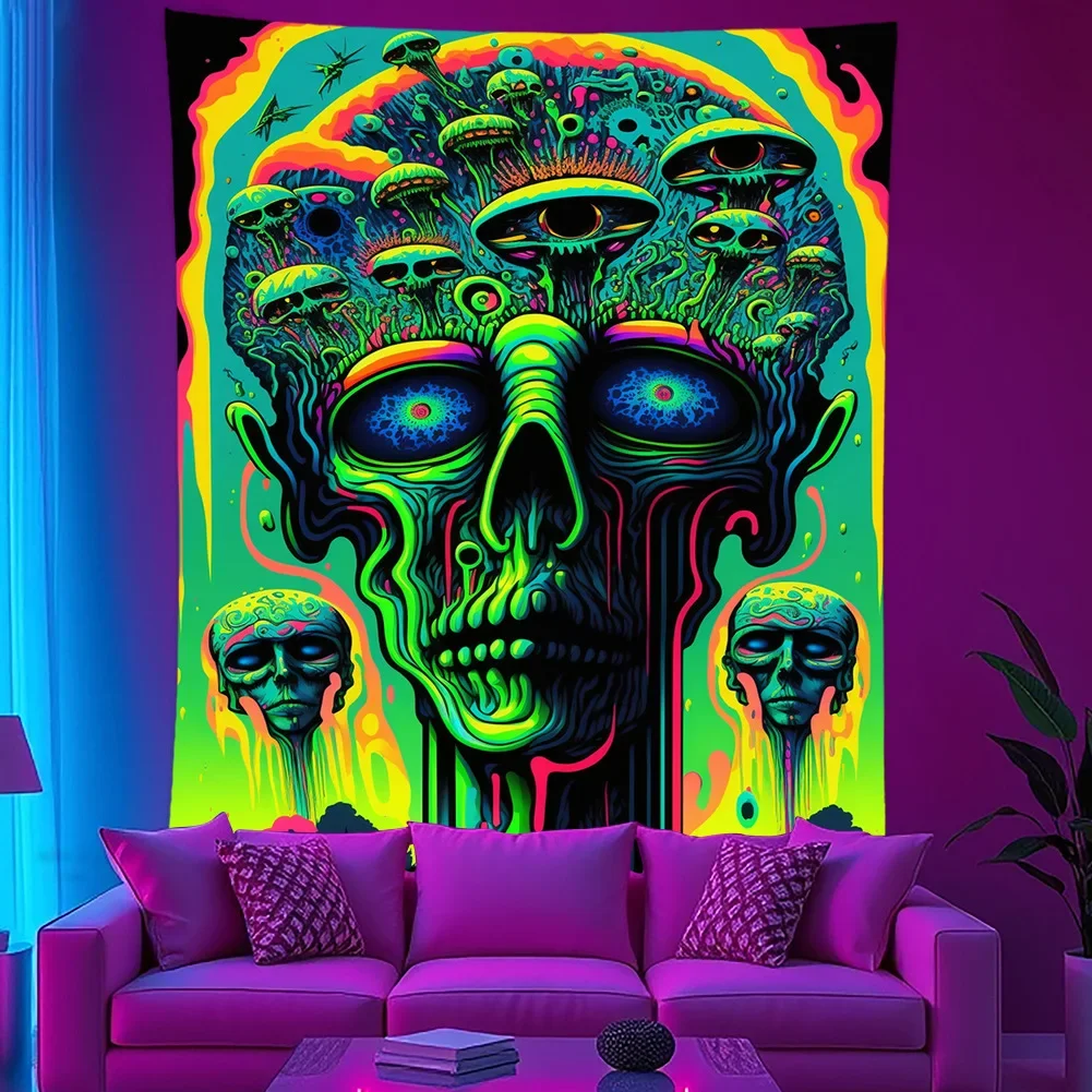 VIKAMA Blacklight Zombie Skull Monster Tapestry UV Reactive Neon Wall Hanging Trippy Horror Room Decor