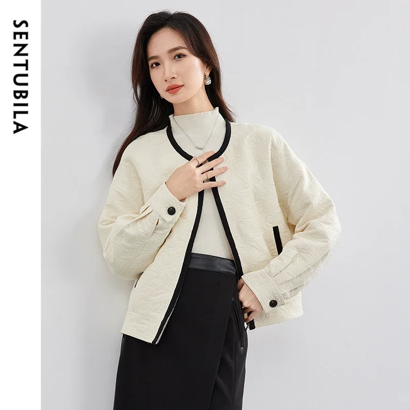 SENTUBILA Embossing Patchwork Spliced Jacket for Women 2024 Winter Elegant O Neck Long Sleeve Zipper Cropped Overcoat 144W58554X