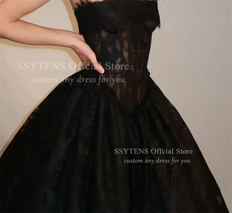 SSYTENS Modern Black A Line Prom Dresses Wedding Party Gowns Tea Length Lace Appliques Special Occasion Prom Dress Customized