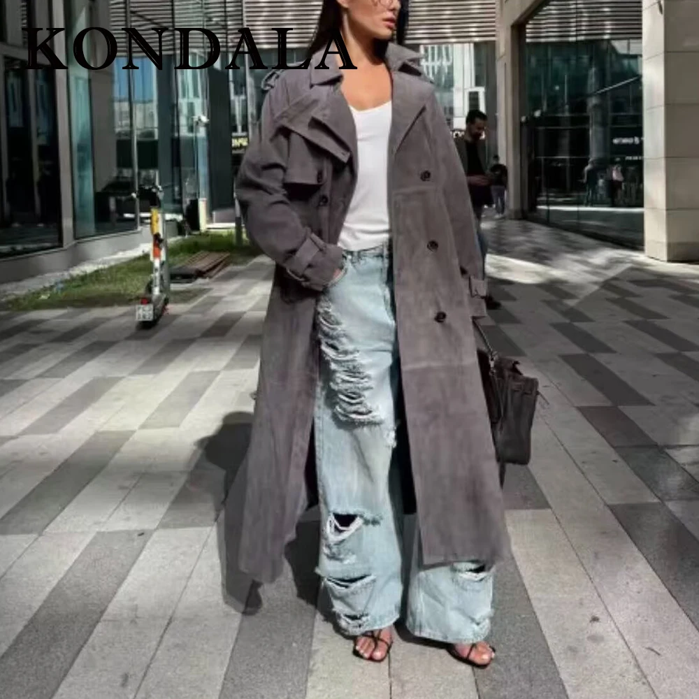 KONDALA Fashion 2025 Autumn Vintage Women Solid Coat Double Breasted Loose Sashes Coat Streetwear Long Female Elegant Outwear
