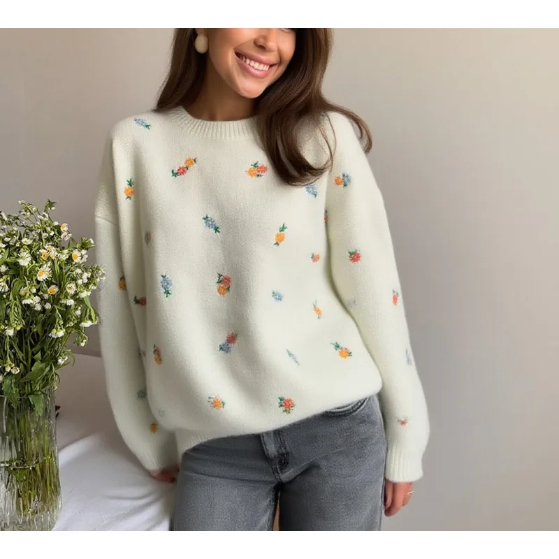 Automne/hiver 2025 nouveau pull à col rond Premium nouveau pull ample en tricot de fleurs brodées pour femmes