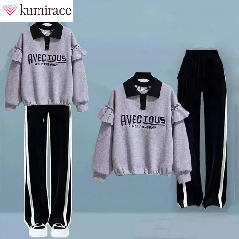 

Leisure Sports Sweater Set for Women's 2023 New Polo Collar Letter Printed Loose Sweater Slimming Casual Pants Two Piece Set