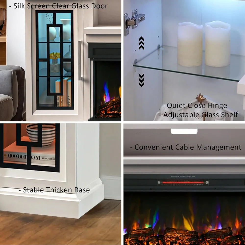 Suporte de TV com lareira elétrica de 75 polegadas, mesa de console moderna de vidro LED de 3 lados para centro de entretenimento de mídia para TVs de até 80/85 polegadas