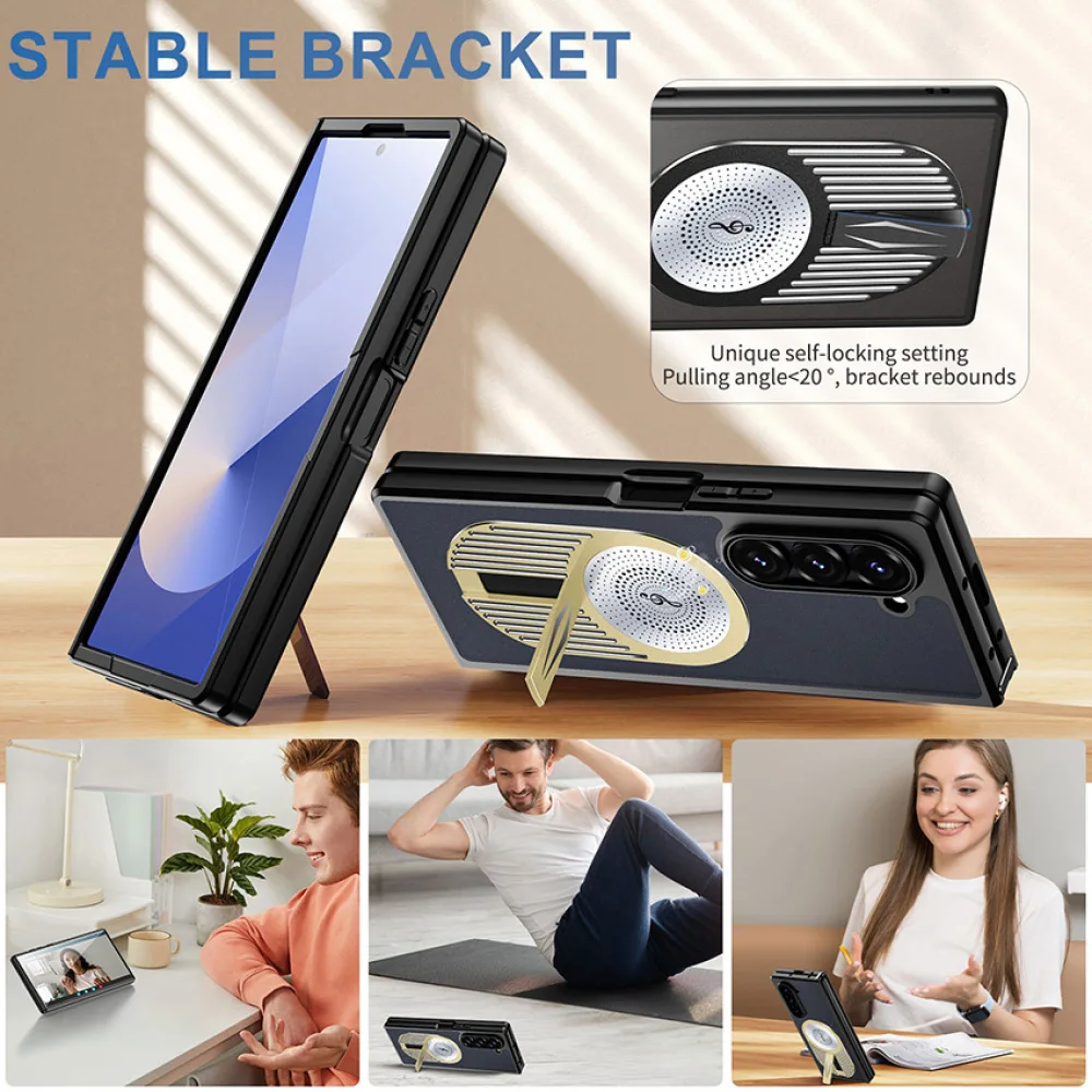 Self-locking Folding Phone Case With Kickstand Easy Cooling Magnetic Frosted Back Shell for Samsung Fold6/ Fold5 Accessories