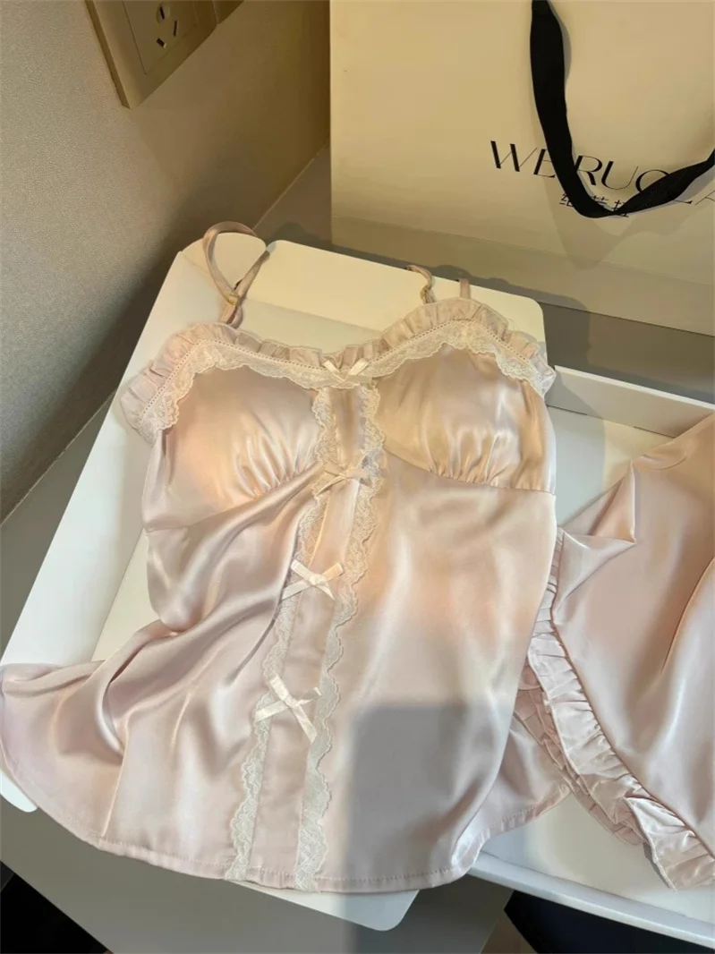 

Pure Desire Sle, женский летний новый комплект из ледяного шелка с ремешками и нагрудной подушечкой, брюки с кружевной отделкой, домашняя одежда