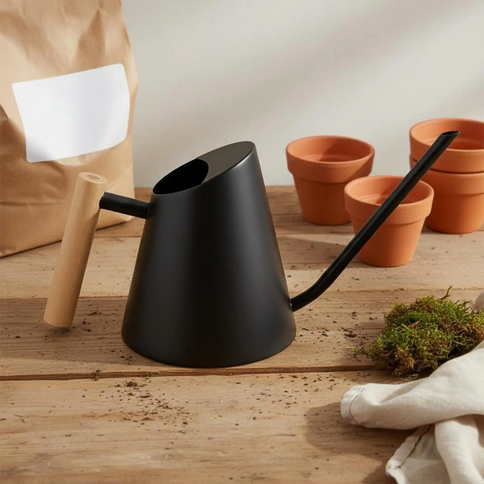 Conical Watering Can Wooden Handle Stainless Steel Watering Can Minimalist Garden Tool