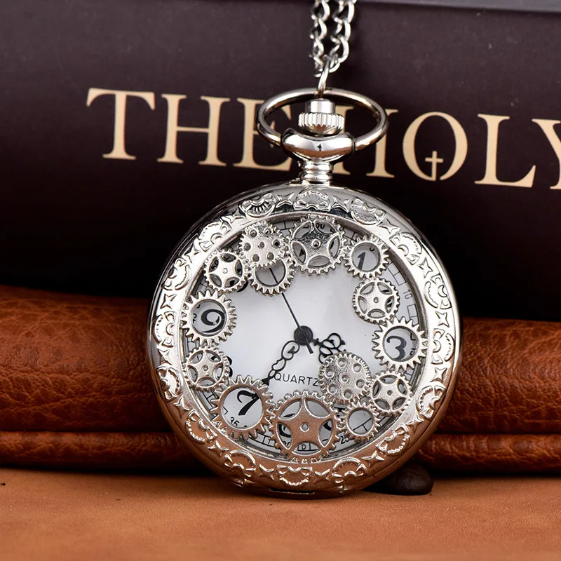 Steampunk Copper Hollow Gear Hollow Quartz Pocket Watch for Men and Women, Vintage Necklace Pendant Clock Chain