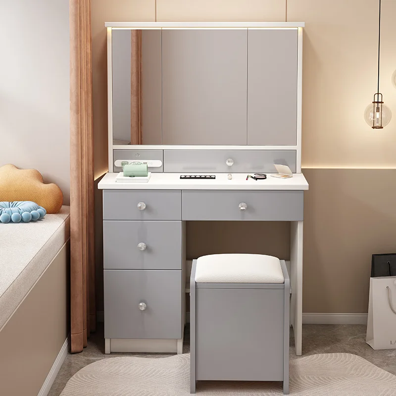 Modern Simple Large Lighted Mirror Dressing Table with Integrated Storage for Small Apartments Panel Wood Bedroom Makeup Desk