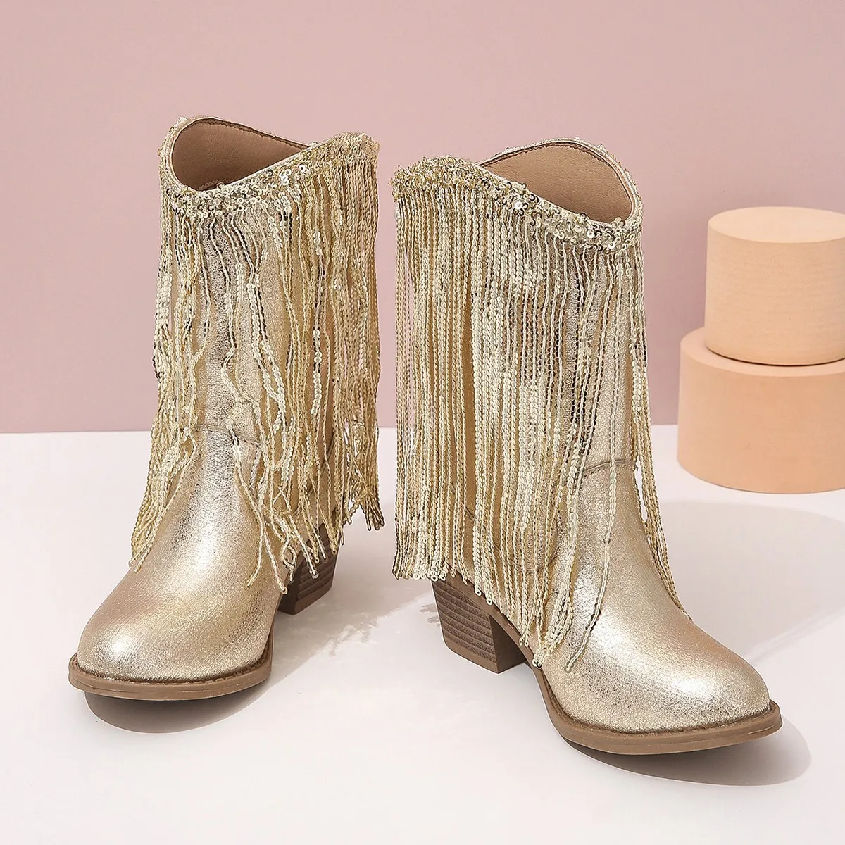 Children Mid Length Boots Girls 2024 Autumn Kids Winter Shoes New Fashion Tassel V-neck Cowboy Boots Bling CHAIN Low-heeled