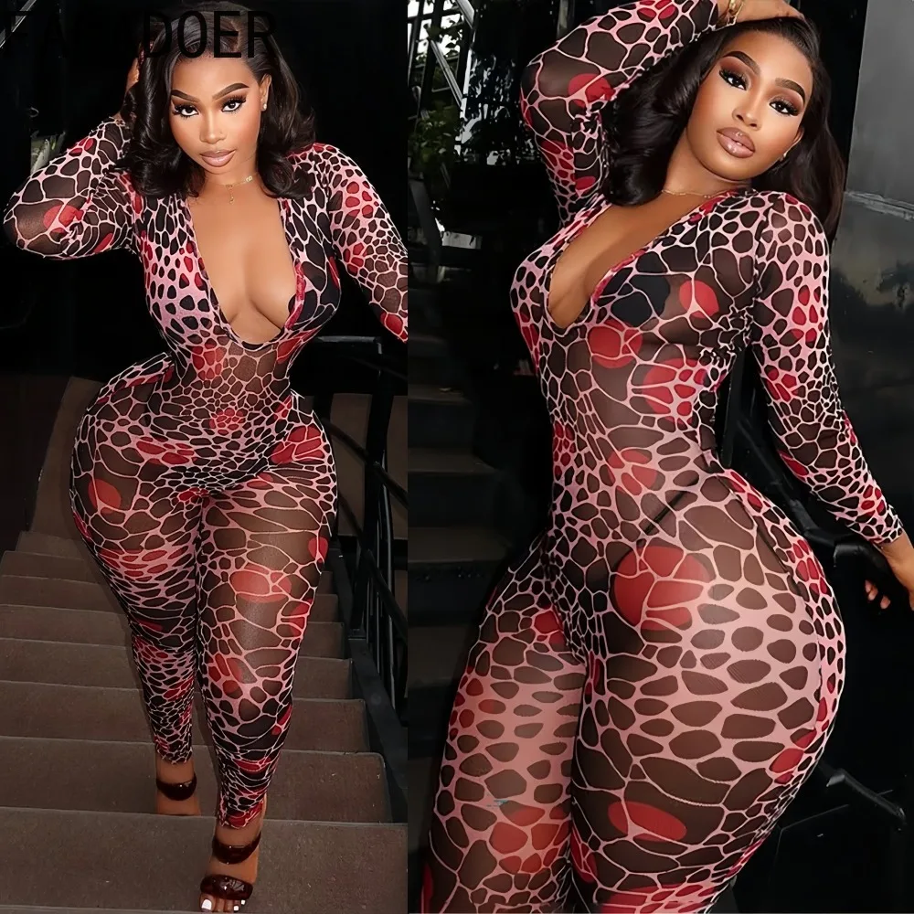 

FAGADOER сексуальные облегающие комбинезоны с леопардовым принтом для женщин, комбинезоны с глубоким v-образным вырезом и длинными рукавами, женские уличные комбинезоны, новинка 2023 г.