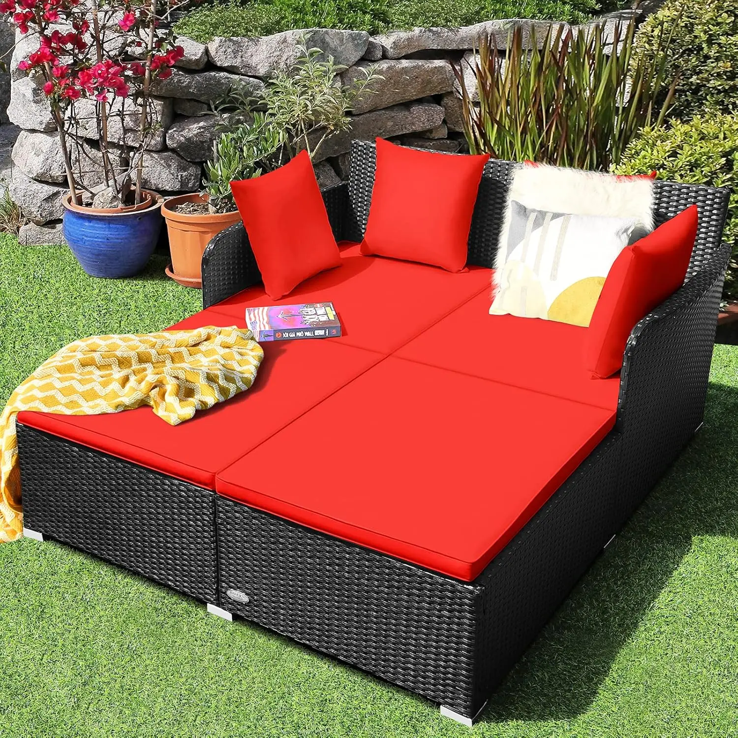 

Outdoor Rattan Daybed Patio Loveseat Sofa Set with Padded Cushion Pillows and Sturdy Aluminum Foot