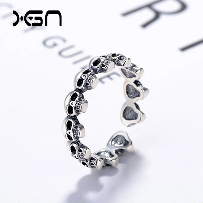 Korean S925 Sterling Silver Made Old Skull Thai Silver Ring Hip Hop Punk Style Creative Personality Open Index Finger Ring