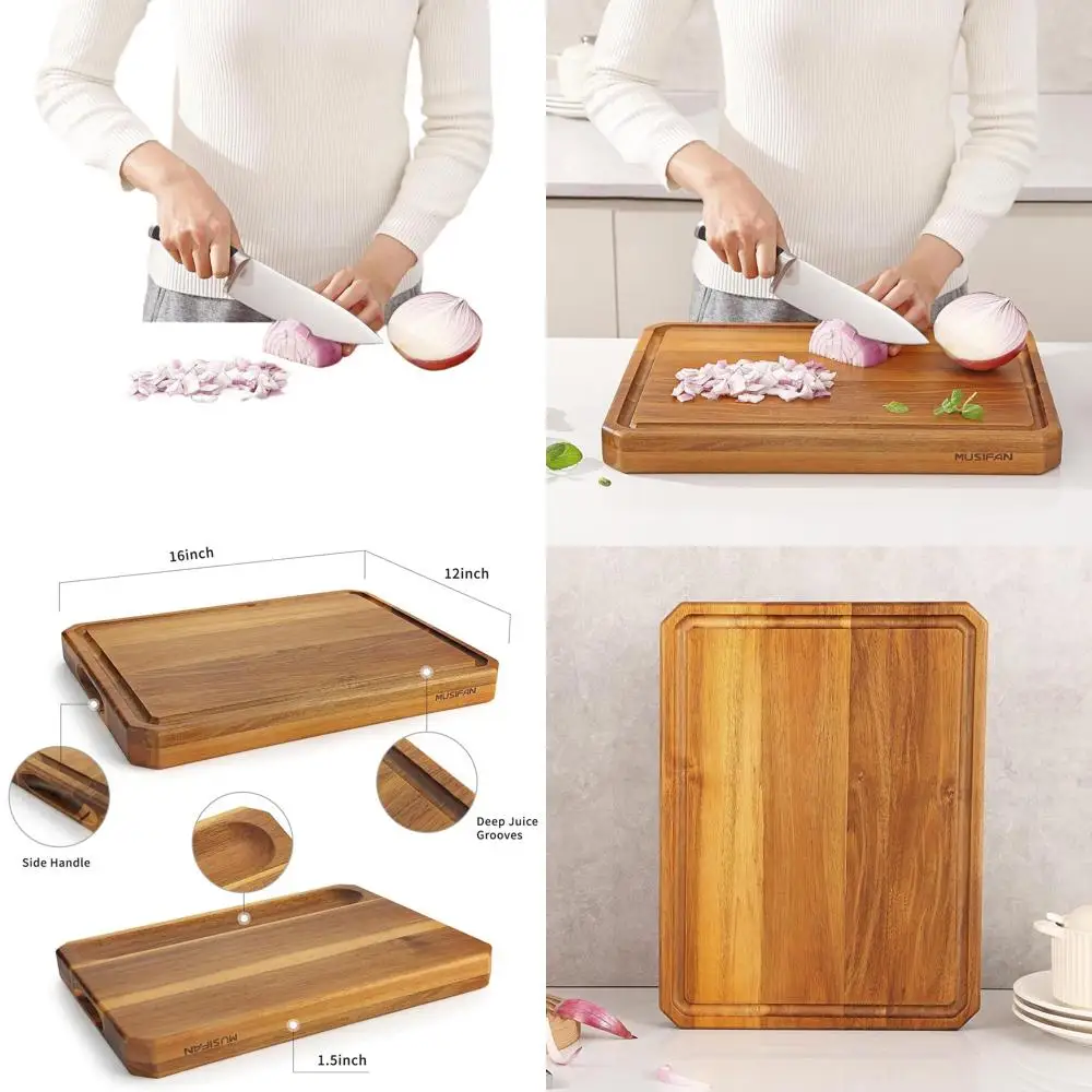

Large Acacia Wood Chopping Board for Kitchen Use, Ideal for Meat, Cheese, Fruits, and Vegetables with Built-in Handles and Juice