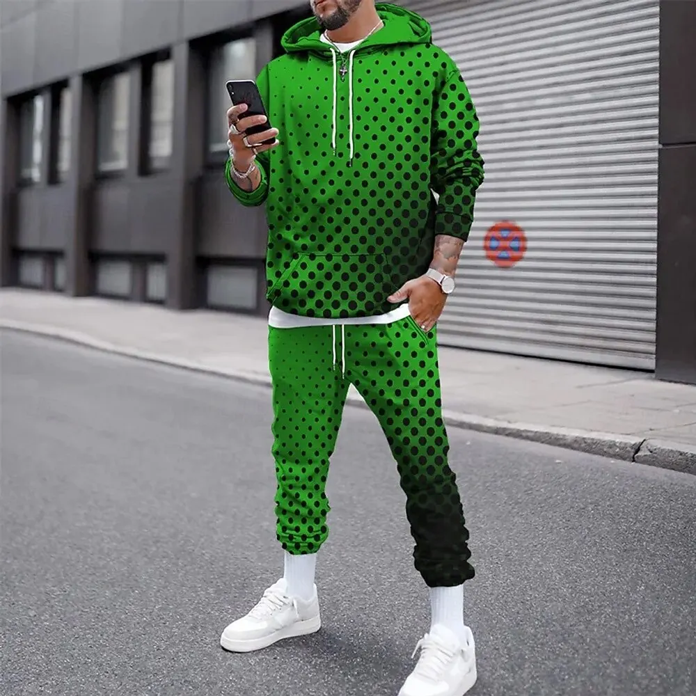Grappige 3D Polka Dot Print Heren Hoodies Set Herfst Winter Casual Sweatshirt Joggingbroek 2-delige Mode Losse Straat Kleding Pak