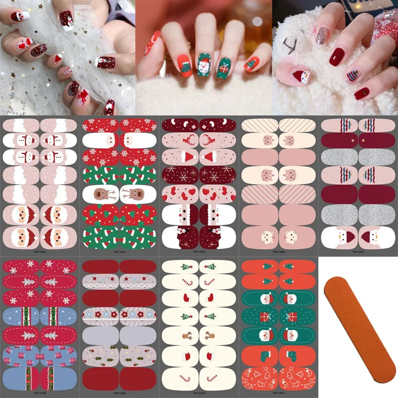 Papai Noel nail stickers, capa completa, 14 dicas, decoração, auto-adesivo, para nail art