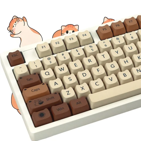 XVX MAO Profile Coffee Cat Keycaps Cute Meow Keycaps PBT Thermal Sublimation Mechanical Keyboard Keycap Cat Set  for Girls Gift