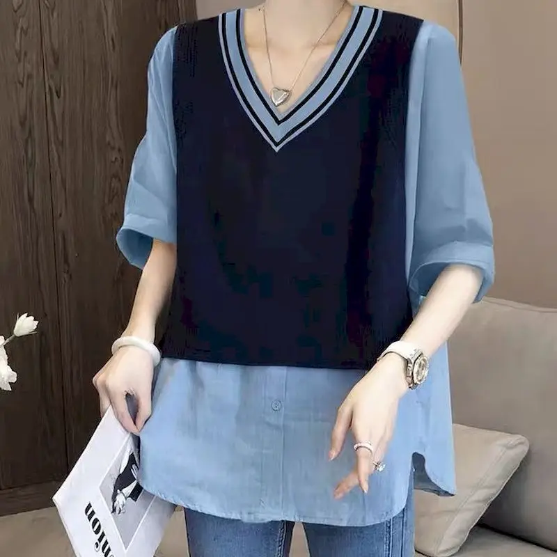 Fashion Patchwork Fake Two-piece V-neck Tshirts Women Casual Design Sense Chic T Shirt Summer Trend Thin Tops Aesthetic Clothes