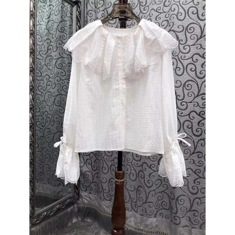 

Women's Lace Embroidered Bell Sleeve Shirt Bow Tie Stand Collar Breathable Cotton Polyester Spring Autumn New Style Top