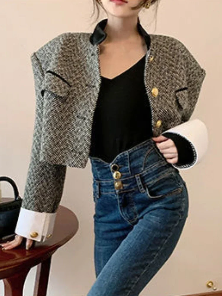 ใหม่แฟชั่นเกาหลี Chic Vintage Tweed เสื้อแจ็คเก็ตผู้หญิงฤดูใบไม้ผลิ Contrast สี Cropped แจ็คเก็ต Elegant Office Lady Outwear Z673