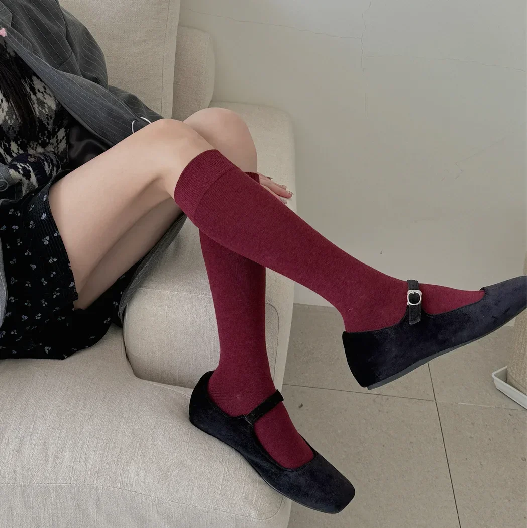 Cotton Vintage Red Calf Socks Korea Women Solid Color Winter Warm Thickened Leg Covers Midtube Socks Underwear JK Accessories