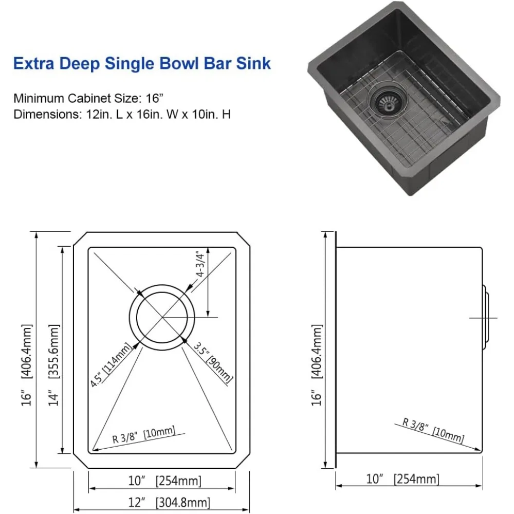 Fregadero de barra bajo montaje de acero inoxidable, 12x16 pulgadas, calibre 16, acabado negro, fregadero de preparación de barra de cocina con lavabo pequeño para