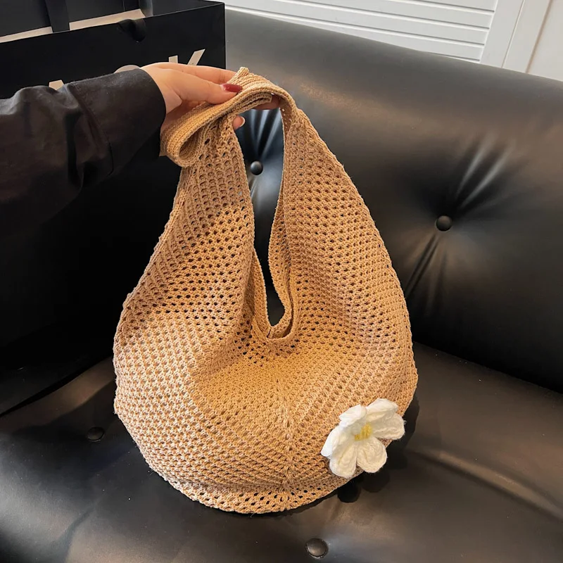 

Big Knited Bucket Bags for Women 2026 Korean Fashion Summer Flower Shoulder Bags Handbags and Purses Weave Shopping Bag