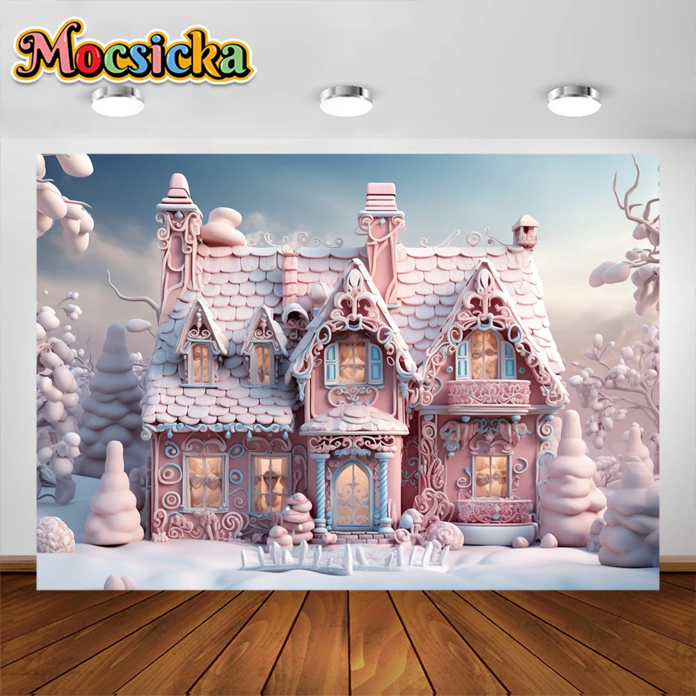 Mocsicka Traum Garten Landschaft Schloss Fotografie rosa Haus Schneeflocke Weihnachts baum Kinder Porträt Studio Requisiten Banner