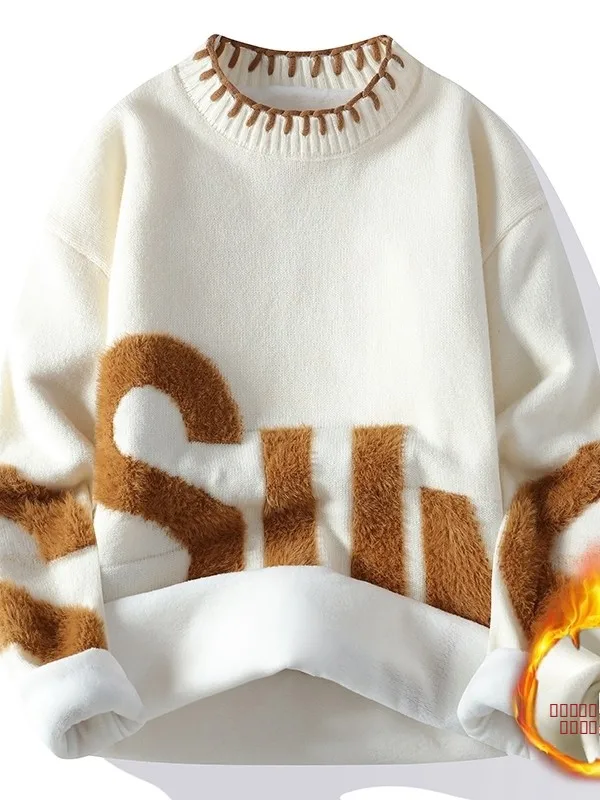 

Модный мужской свитер с надписями, на флисовой подкладке, с круглым вырезом, свободного кроя, молодежный, теплый, зимний, утолщенный, вязаный джемпер