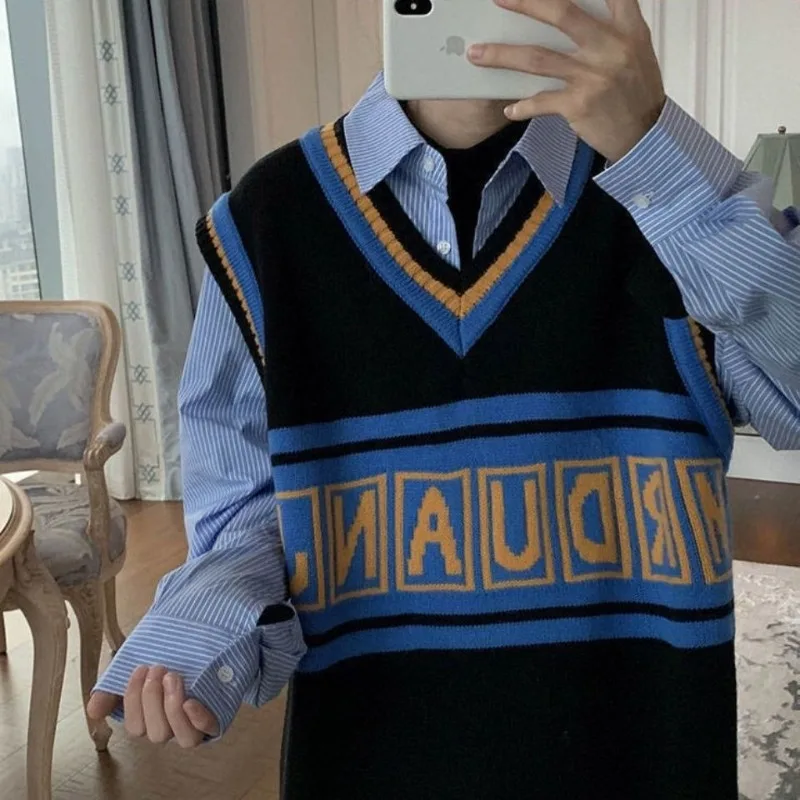 V Neck Sleeveless Knitted Vest Color Blocked Letter Korean Style Oversized Zip Up Casual Men Spring Autumn Versatile Trendy