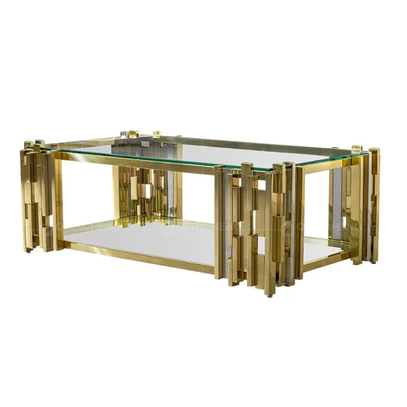 

Light luxury tempered glass coffee table, villa square titanium gold stainless steel