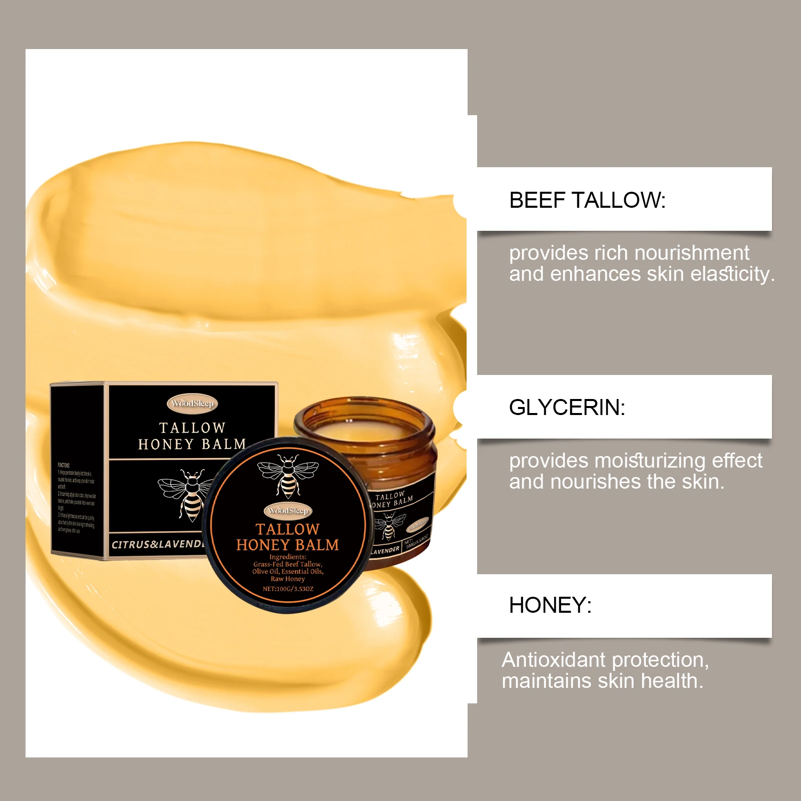 WoodSleep 100g Tallow Honey Moisturizer Gentle Moisturizing Dry Skin Refreshing Skin Cream
