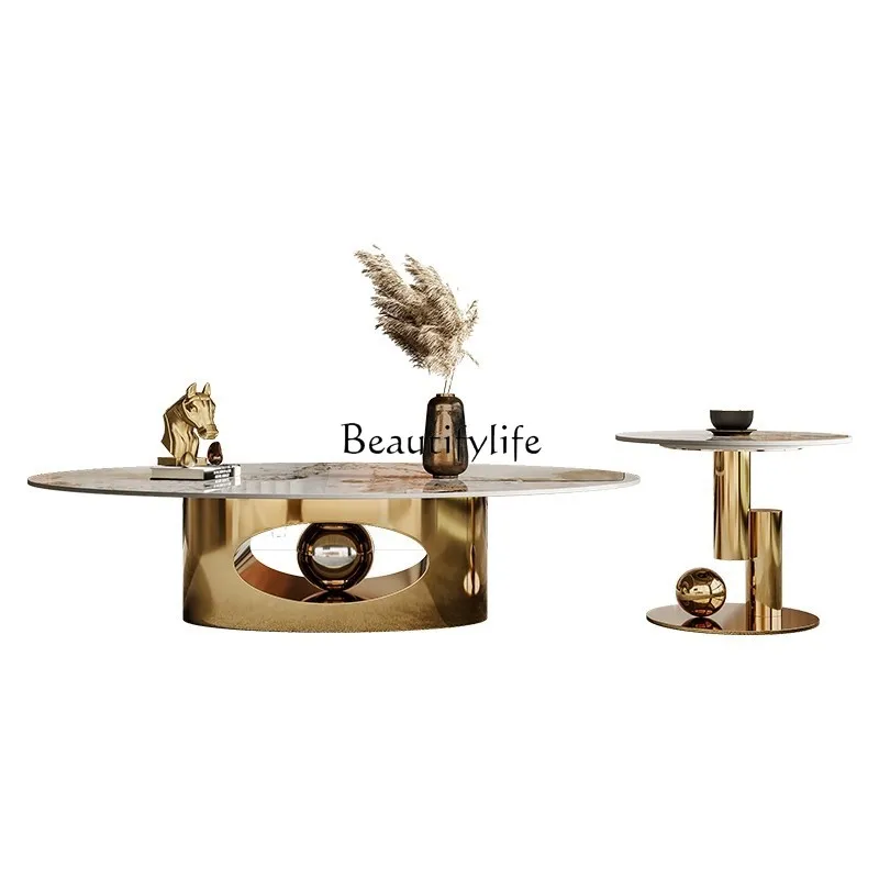 

Rock slab coffee table light luxury household living room size round coffee table combination modern simple style